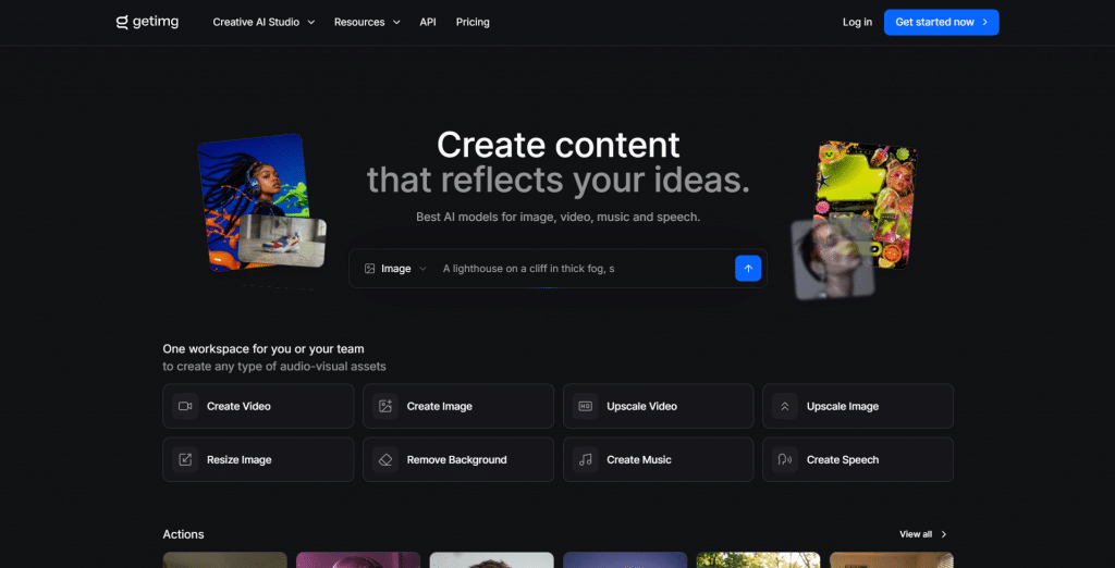 Dark hero section for getimg.ai titled "Create content that reflects your ideas.", featuring top navigation links, multimodal creation tools for image, video, music, and speech, an inline prompt generation bar, and action cards for workspace editing.