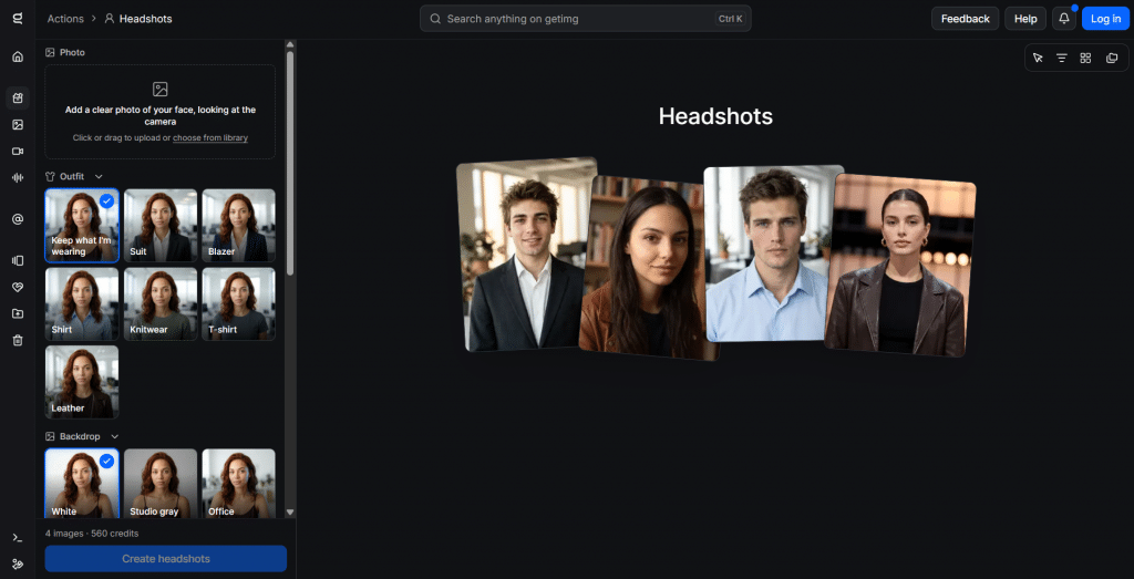Dark-mode web application workspace for getimg.ai titled "Headshots", featuring a left configuration panel for face upload, outfit selection, backdrop settings, and a canvas showing generated professional headshot previews.