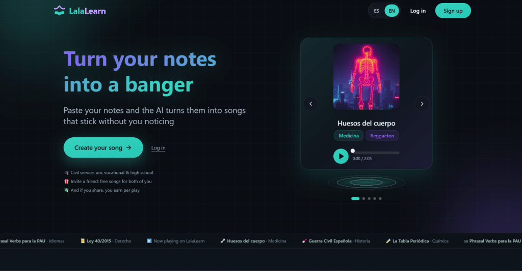 Dark hero section for LalaLearn titled "Turn your notes into a banger", featuring top navigation links, language toggle, audio player card showcasing "Huesos del cuerpo", and a bottom sample track ticker.