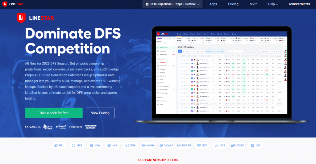 Dark blue hero section for LineStar titled "Dominate DFS Competition", featuring top navigation links, a 2026 DFS season value proposition, interactive laptop mockup displaying player projections, and integrated partner sportsbook logos including FanDuel, DraftKings, Yahoo Fantasy, PrizePicks, and Underdog Fantasy.