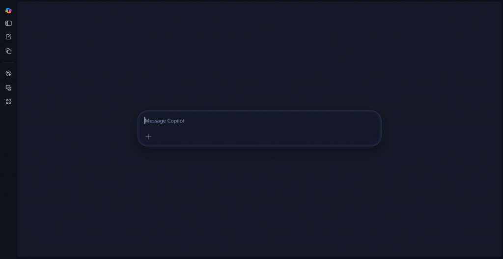 Minimal dark mode interface for Microsoft Copilot featuring a narrow left sidebar with navigation icons and a centered prompt input box.