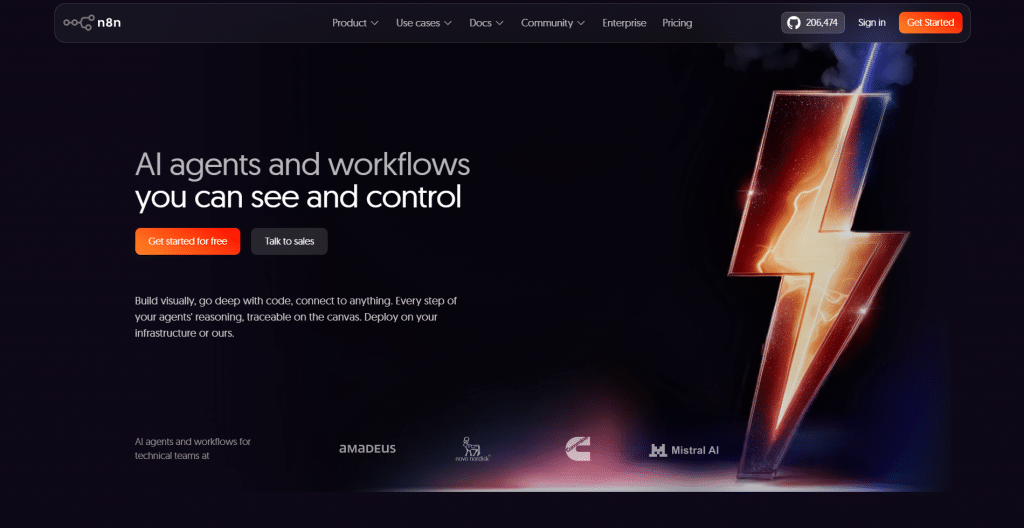 Dark hero section for n8n titled "AI agents and workflows you can see and control", featuring top navigation links, CTA buttons, partner logos, and a large glowing lightning bolt graphic.