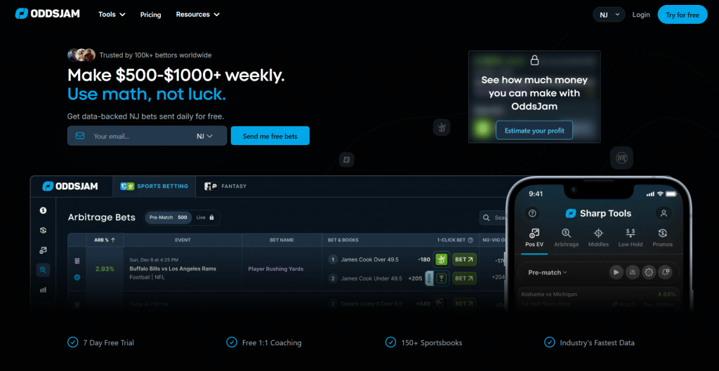Dark hero section for OddsJam titled "Make $500-$1000+ weekly. Use math, not luck.", featuring top navigation links, an email sign-up form for daily bets, an earnings calculator card, and a web dashboard preview displaying arbitrage betting data alongside a mobile app interface.