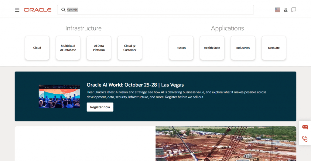 Web page screenshot of the Oracle website header navigation and an announcement banner for Oracle AI World in Las Vegas.