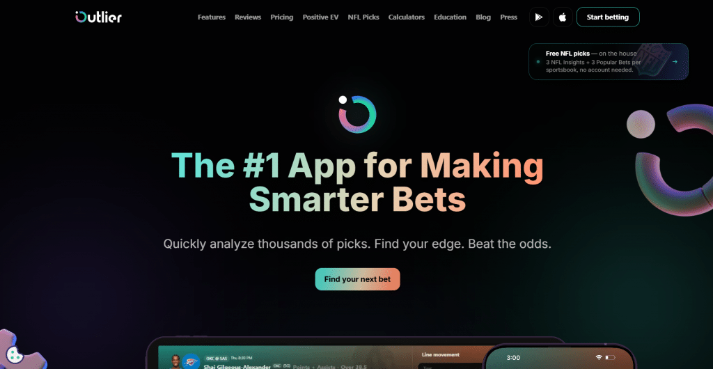Dark hero section for Outlier titled "The #1 App for Making Smarter Bets", featuring top navigation links, a glowing circular brand logo, value proposition subtitle, and a gradient call-to-action button.