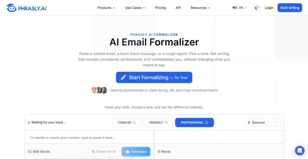 Light hero section and interactive workspace for Phrasly.AI Formalizer titled "AI Email Formalizer", featuring top navigation links, tone selection buttons, and a side-by-side text editor panel.