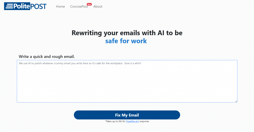 Minimal light landing page for PolitePost titled "Rewriting your emails with AI to be safe for work", featuring top navigation tabs, an email text area input box, and a "Fix My Email" button.