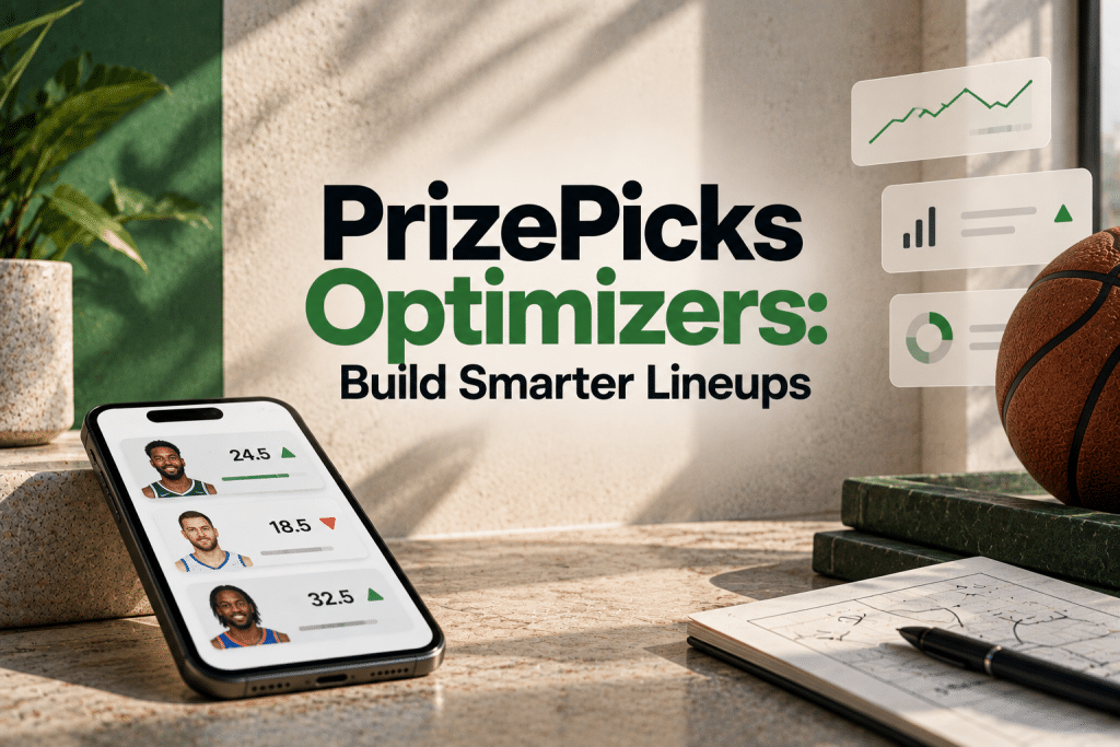 Promotional infographic graphic titled "PrizePicks Optimizers: Build Smarter Lineups", featuring a smartphone displaying player prop cards on a sunlit wooden desk with floating analytics charts and a basketball.