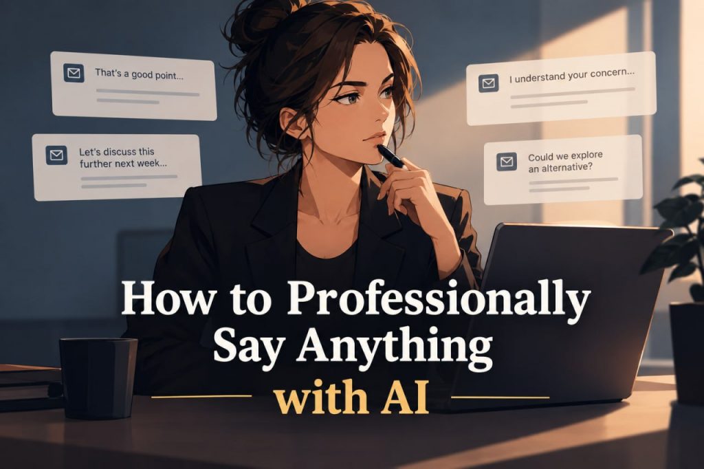 Promotional infographic graphic titled "How to Professionally Say Anything with AI", featuring an anime-style professional woman, floating email response cards, and a laptop on a desk.