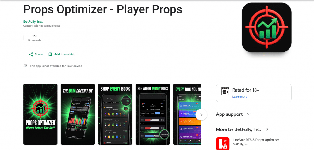 Google Play store listing page for "Props Optimizer - Player Props" by BetFully, Inc., featuring the app icon, download metrics, developer details, feature screenshots, and age rating badge.