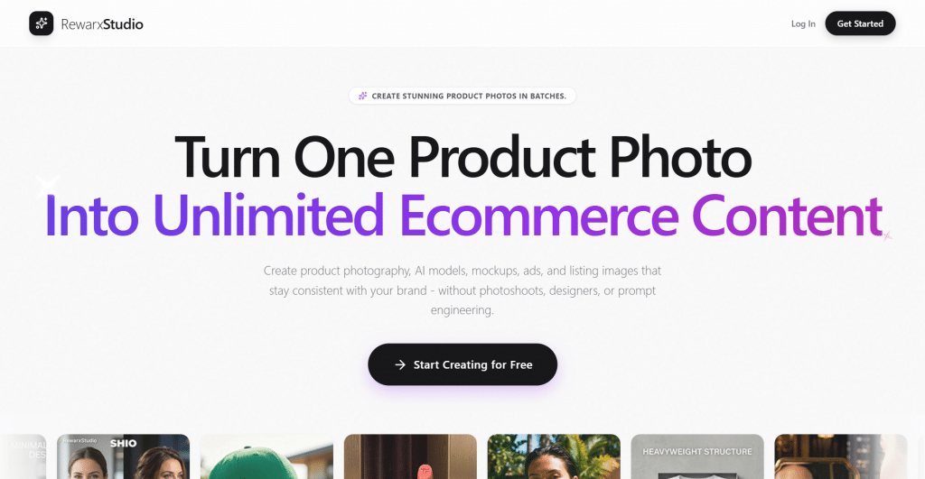 Light hero section for RewarxStudio titled "Turn One Product Photo Into Unlimited Ecommerce Content", featuring a top header navigation, feature pill tag, call-to-action button, and a bottom gallery carousel of product photography previews.