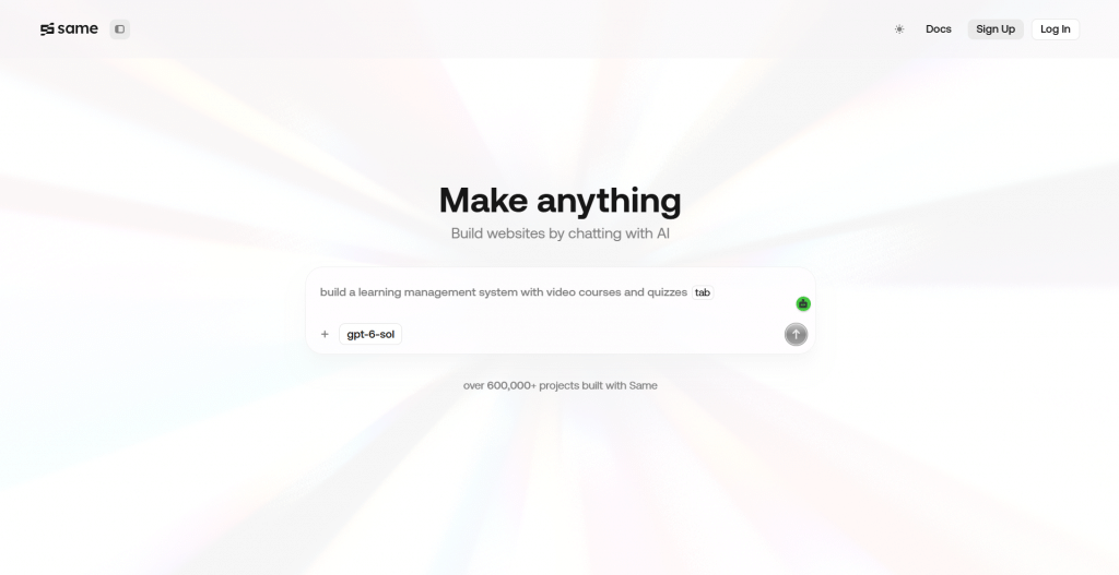 Light hero section for Same titled "Make anything", featuring top navigation links, model selection controls, prompt input field, and project count statistic