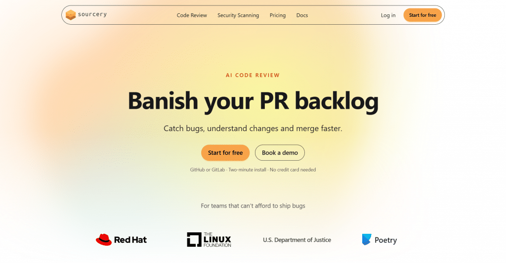 Light hero section for Sourcery titled "Banish your PR backlog", featuring a top pill navigation bar, orange call-to-action buttons, platform installation details, and enterprise customer logos including Red Hat, The Linux Foundation, U.S. Department of Justice, and Poetry.