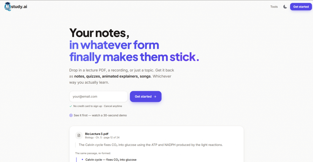 Light hero section for study.ai titled "Your notes, in whatever form finally makes them stick.", featuring an email signup form, call-to-action button, and a document reformatting preview card.