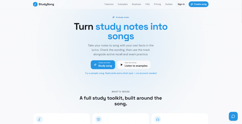 Light hero section for StudySong titled "Turn study notes into songs", featuring top navigation links, CTA buttons, feature overview section, and floating chat widget.