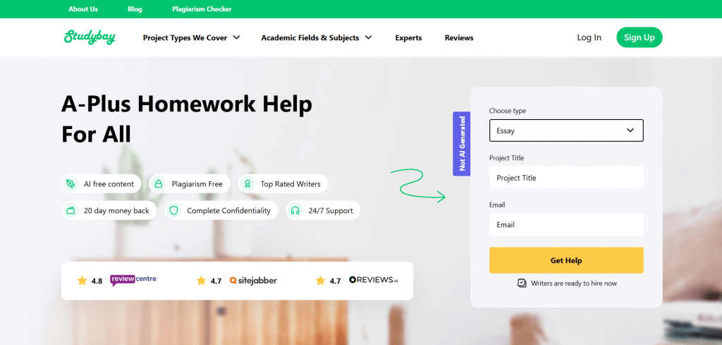 Light hero section for Studybay titled "A-Plus Homework Help For All", featuring green utility bar navigation, service badges, review rating scores, and an interactive project order form card on the right.