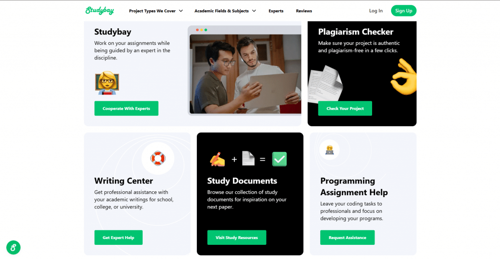 Studybay landing page section featuring a grid of feature cards for expert guidance, plagiarism checker, writing center, study documents, and programming assignment help.