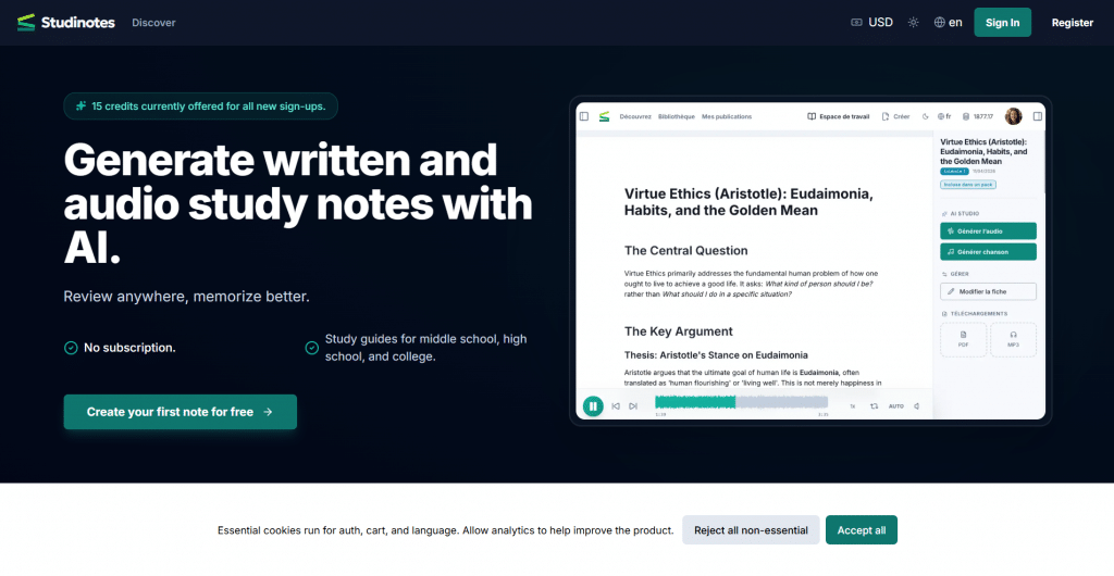 Dark hero section for Studinotes titled "Generate written and audio study notes with AI.", featuring top navigation links, CTA button, feature highlights, and an interactive study notes dashboard preview card.