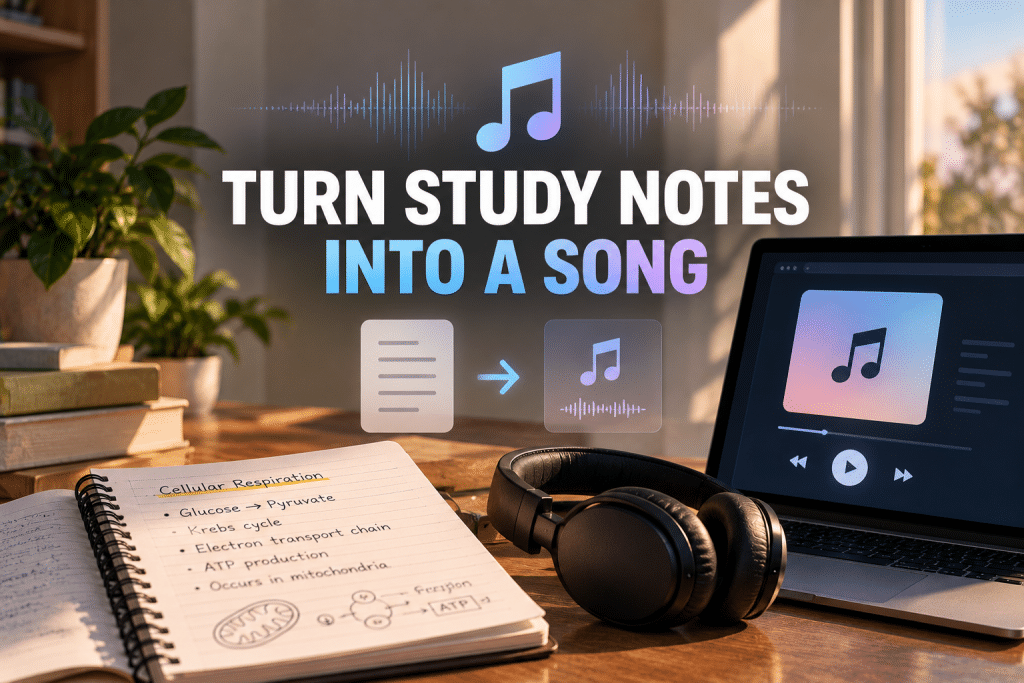 Promotional infographic graphic titled "TURN STUDY NOTES INTO A SONG", featuring a notebook with handwritten biology notes, headphones, and a laptop displaying an audio player app.