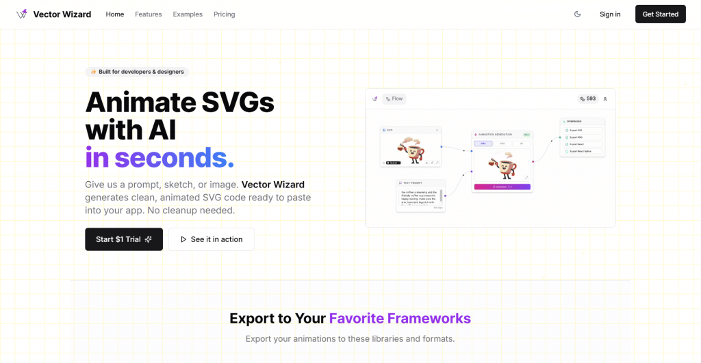 Light hero section for Vector Wizard titled "Animate SVGs with AI in seconds.", featuring top navigation links, CTA buttons, an interactive flow editor card, and a framework integration section.