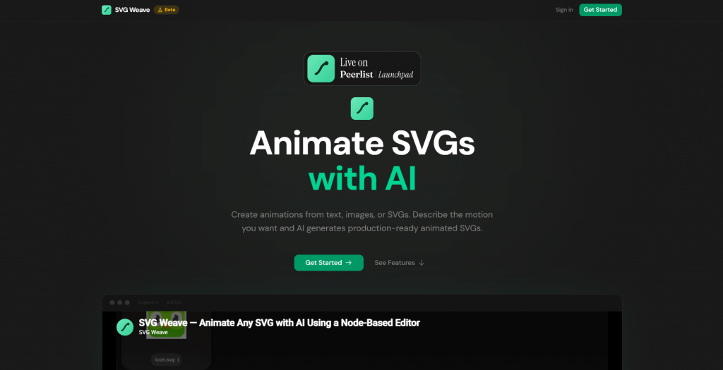 Dark hero section for SVG Weave titled "Animate SVGs with AI", featuring top navigation links, Peerlist Launchpad badge, CTA buttons, and an application editor preview container.